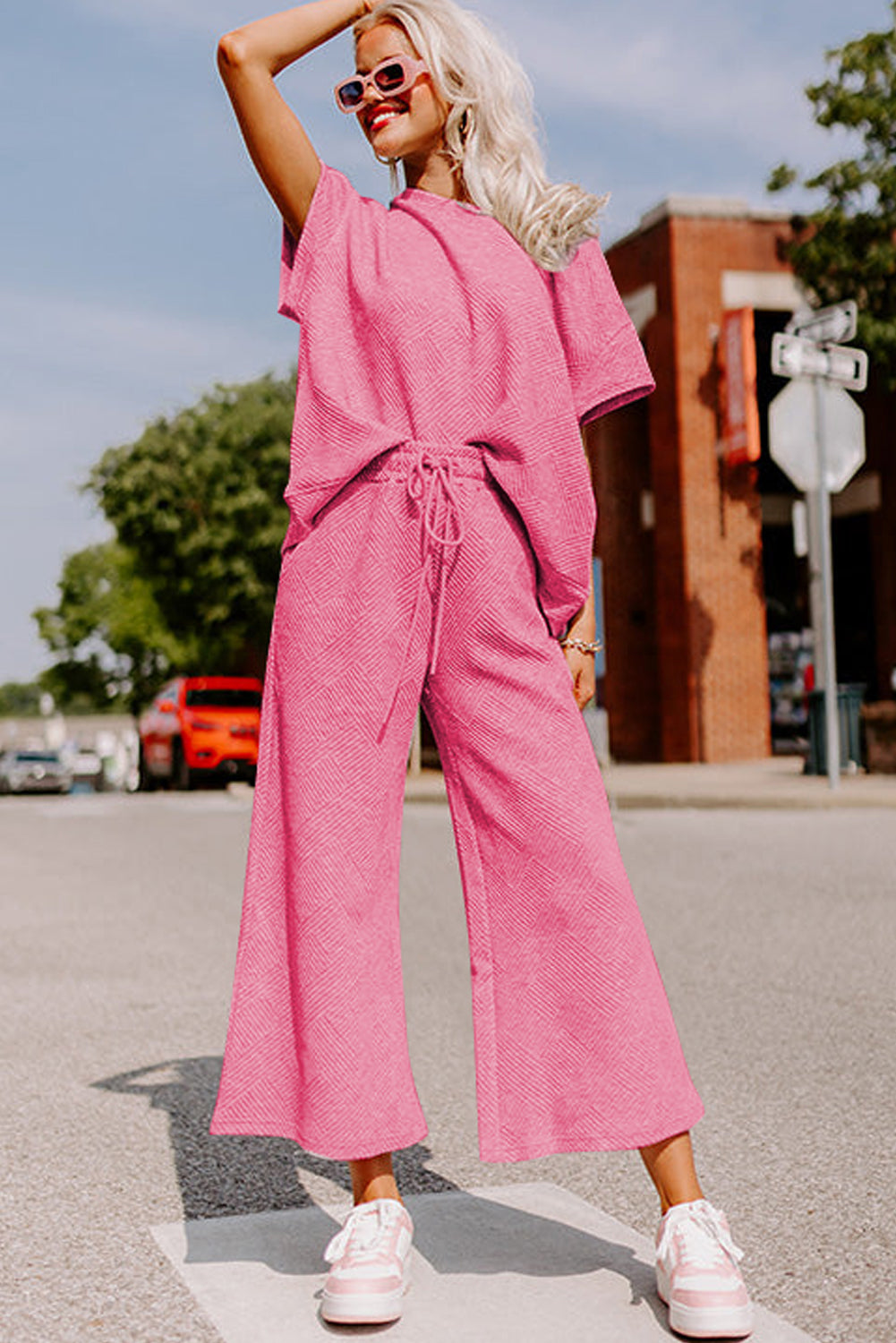 Strawberry Pink Textured Loose Fit T Shirt & Drawstring Pants Set