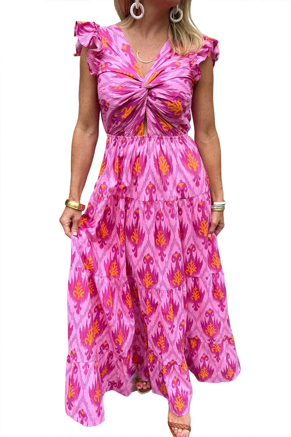 Bonbon Boho Abstract Print Tiered Maxi Dress