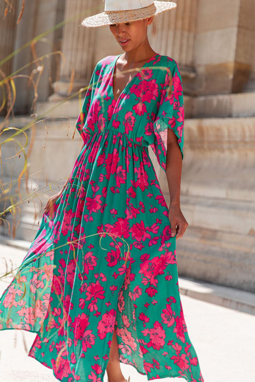 Sea Green Floral Printe Half Sleeve Split Flared Maxi Dress