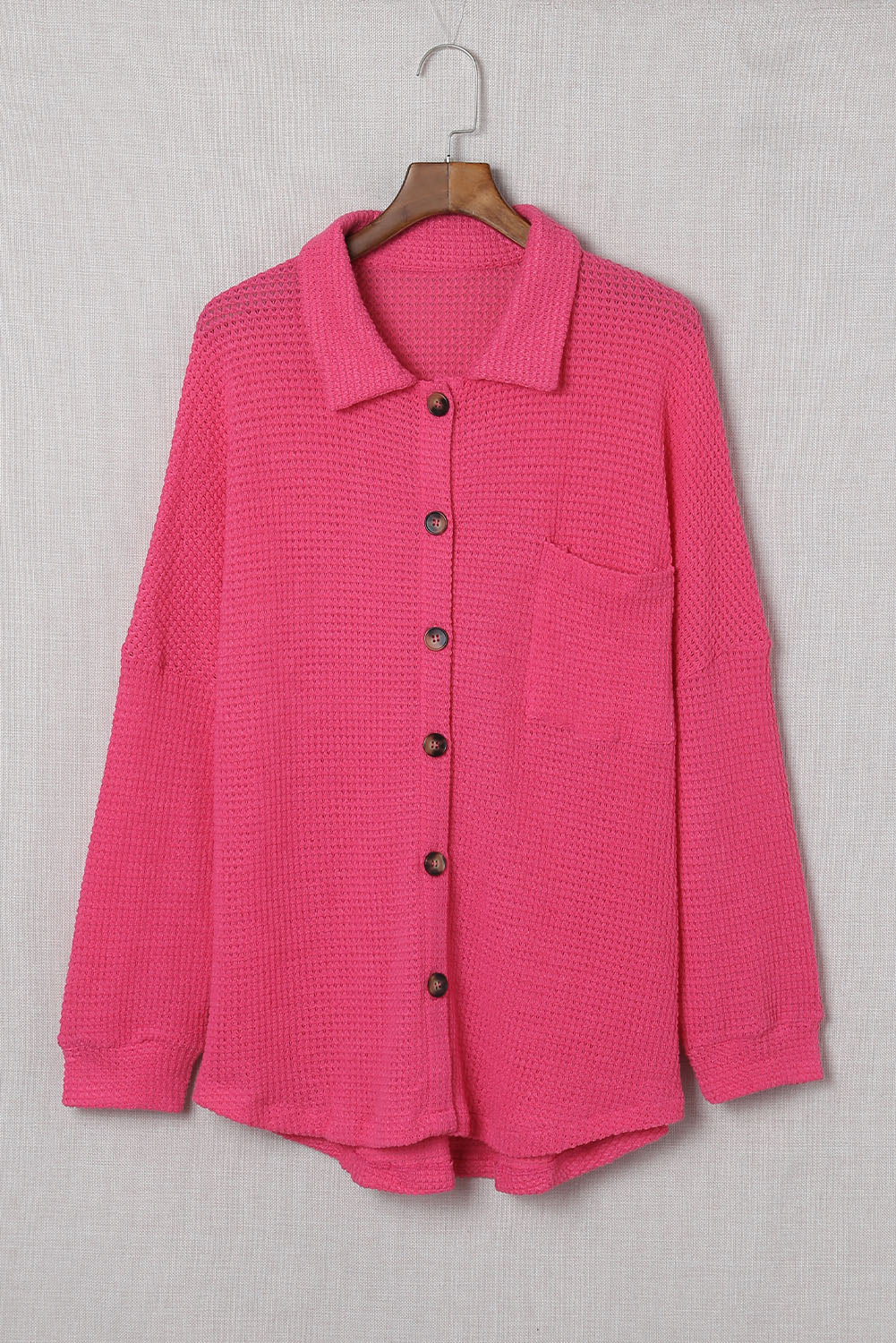 Hot Pink Pocket Buttons Front Waffle Knit Shacket