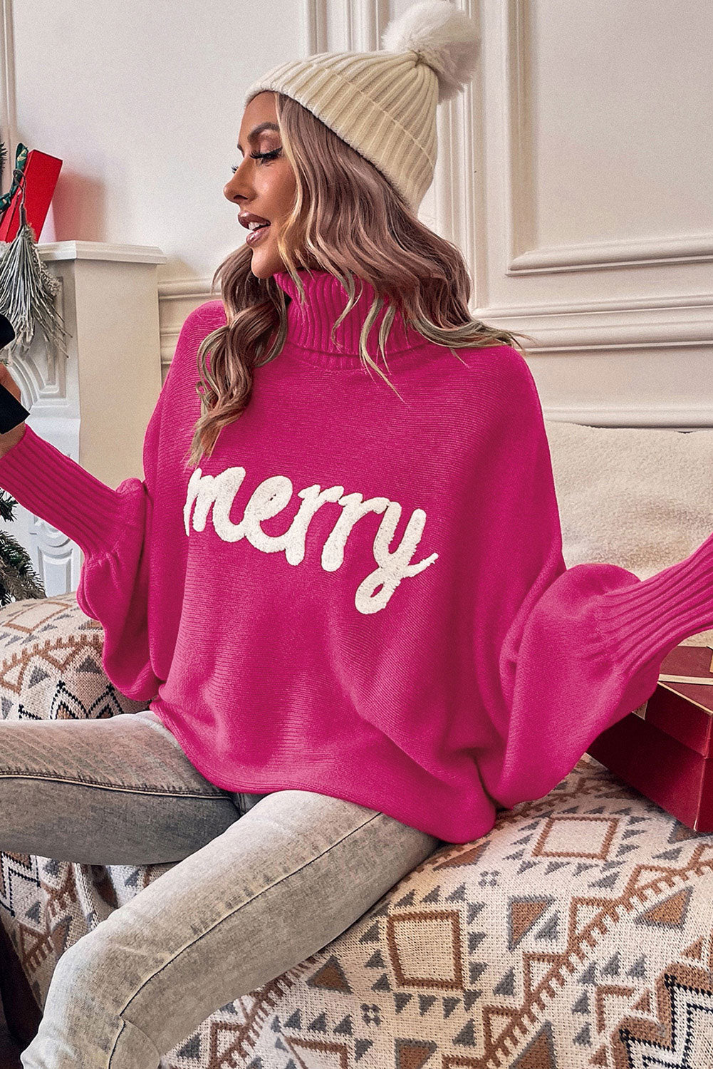 Red Turtle Neck Batwing Sleeve Merry Christmas Sweater