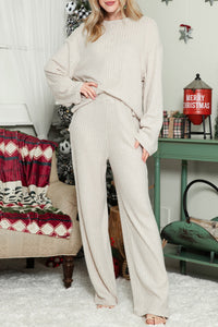 Beige Solid Color Ribbed Henley Top and Pants Set