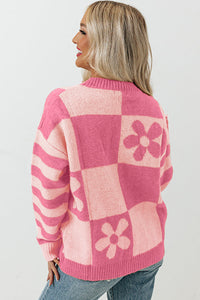 Pink Checkered and Striped Knitted Pullover Sweater
