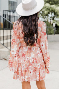 Apricot Powder Floral Smocked High Waist Bell Sleeve Mini Dress