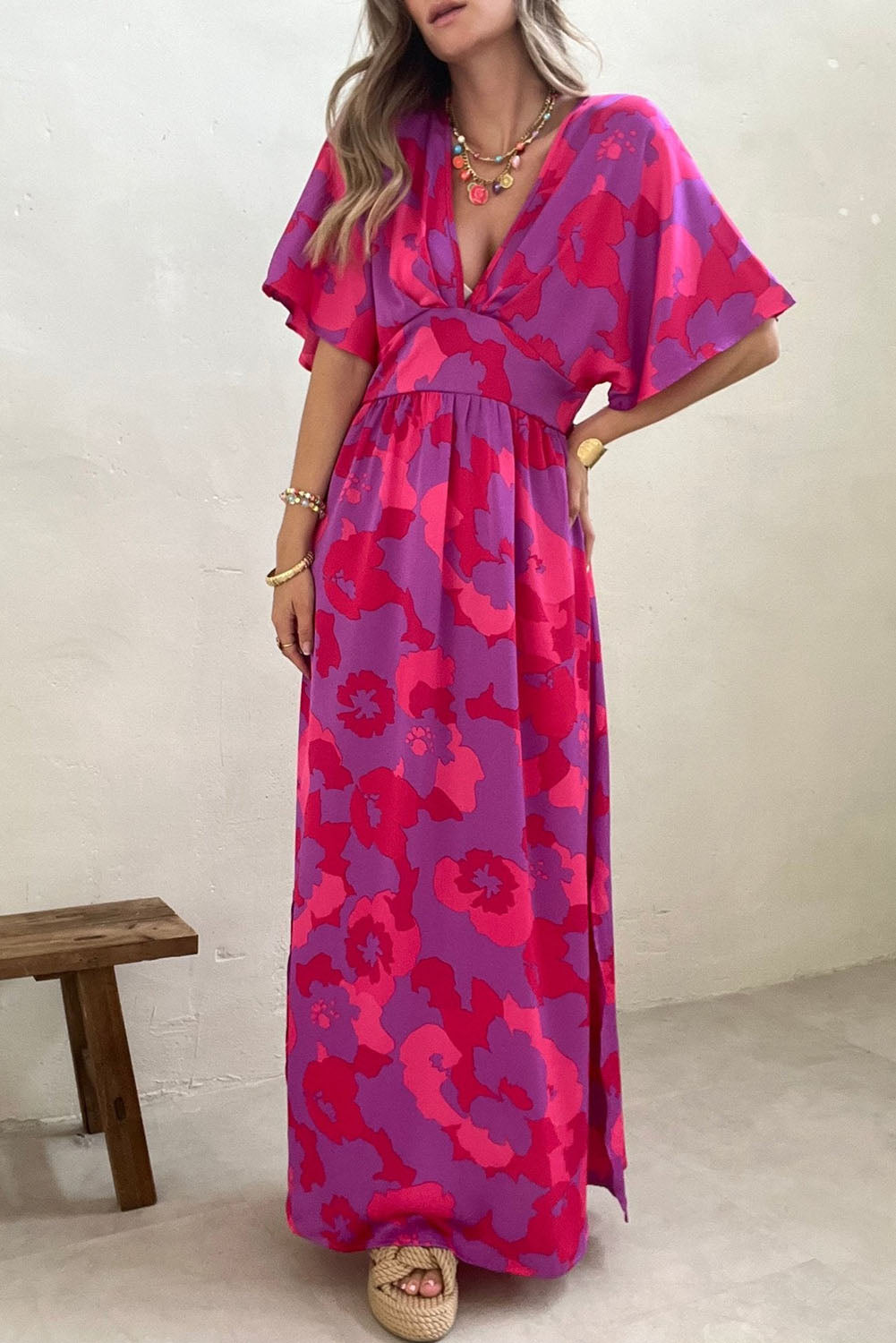 Rose Abstract Floral Print V Neck Dolman Split Maxi Dress
