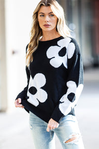 Black Flower Pattern Ribbed Trim Knit Round Neck Sweater