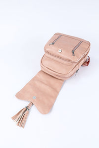 Pink Casual Multifunctional Flap Faux Leather Backpack