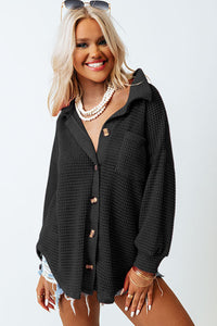 Hot Pink Pocket Buttons Front Waffle Knit Shacket
