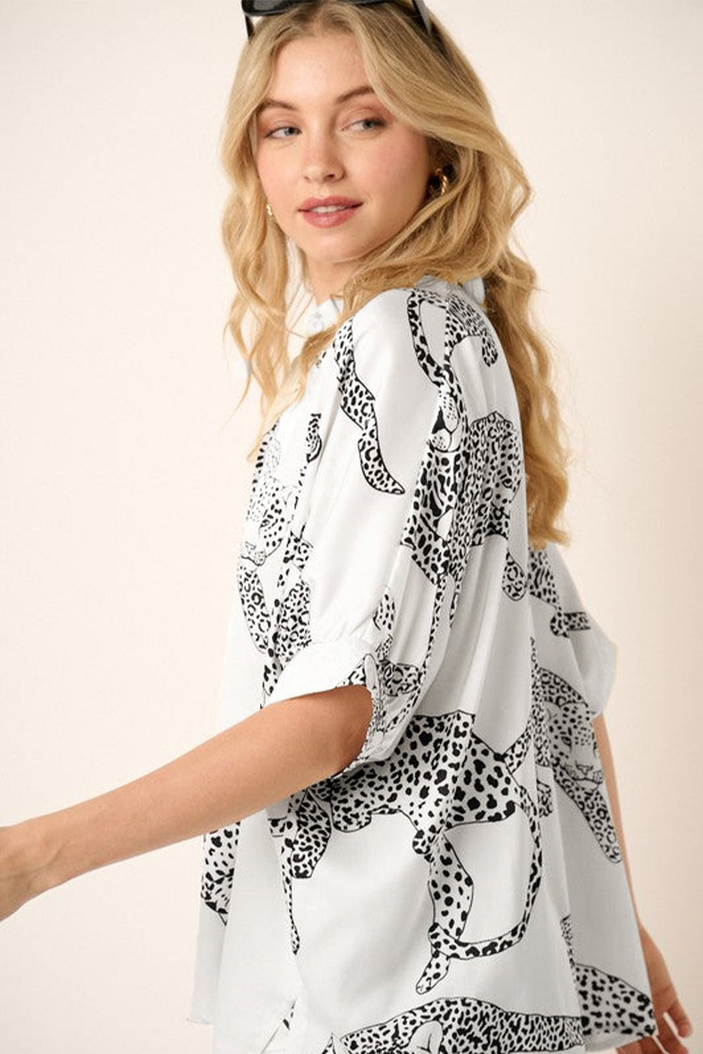 Beige Cheetah Print Buttoned Half Sleeve Shirt