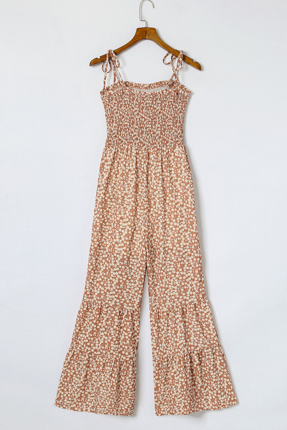 Khaki Floral Thin Straps Smocked Bodice Wide Leg Jumpsuit