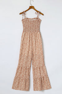 Khaki Floral Thin Straps Smocked Bodice Wide Leg Jumpsuit