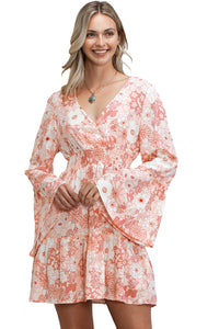 Apricot Powder Floral Smocked High Waist Bell Sleeve Mini Dress