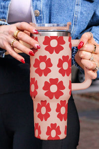 Red Floral Print 304 Stainless Handled Tumbler Cup with Straw