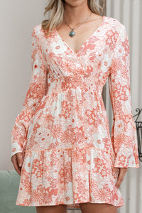 Apricot Powder Floral Smocked High Waist Bell Sleeve Mini Dress