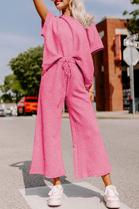 Strawberry Pink Textured Loose Fit T Shirt & Drawstring Pants Set