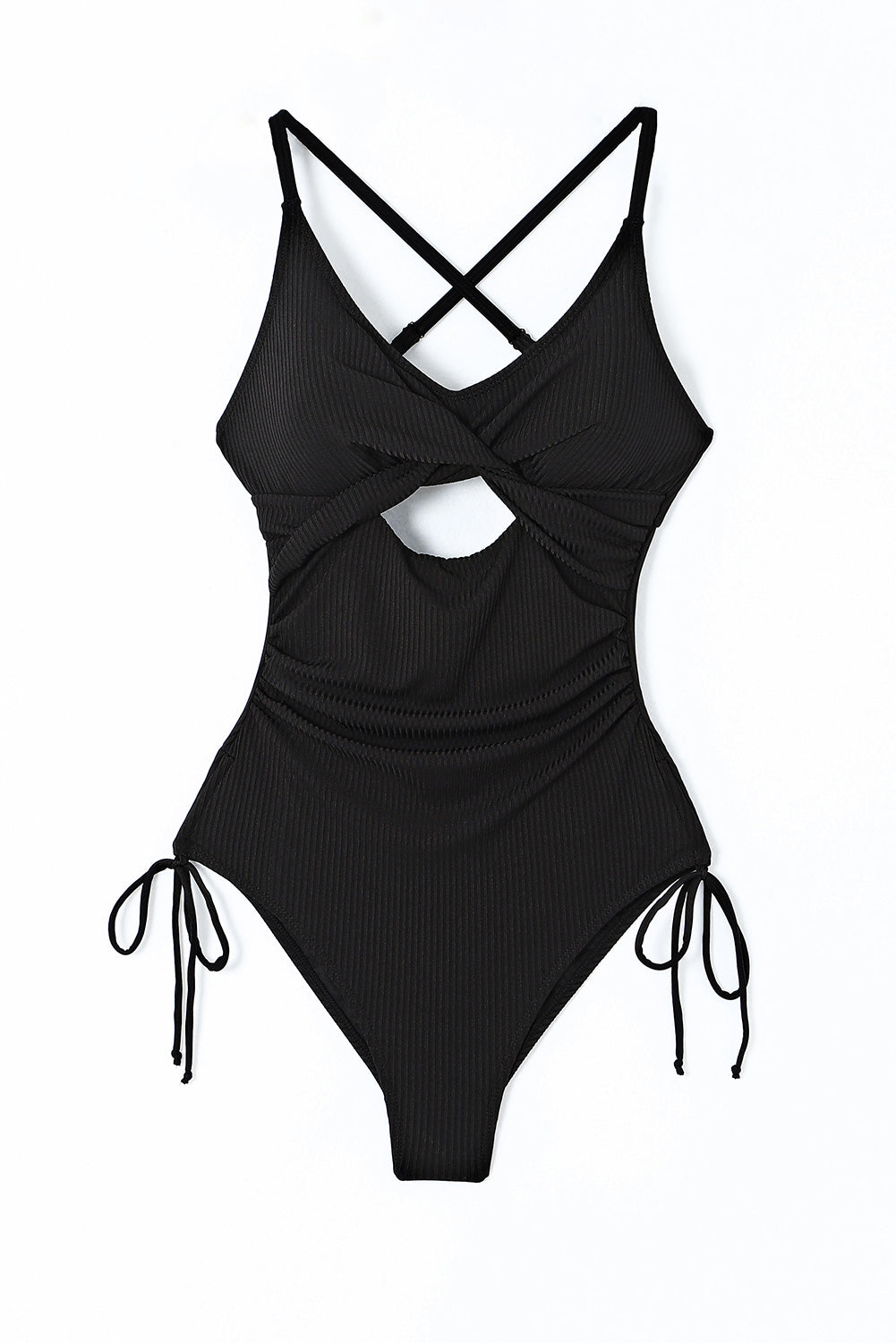 Black Ribbed Cutout One Piece Swimsuit