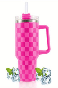 Ginger Pink Checkered Print Handled Stainless Steel Tumbler Cup