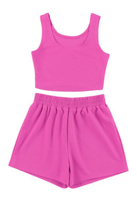 Rose Plain Sleeveless High Waisted Corduroy Two Piece Shorts Set