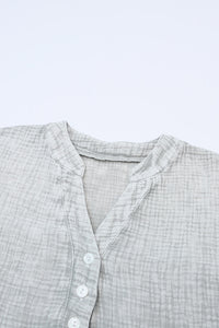 Sky Blue Loose Crinkle Button V Neck Henley Top