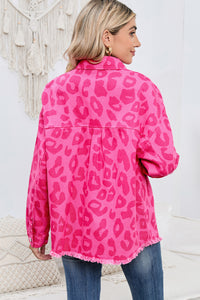 Pink Leopard Print Button Cuffs Raw Hem Jacket