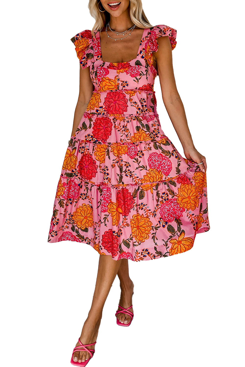 Pink Floral Square Neck Ruffled Flutter Sleeve Tiered Midi Dress