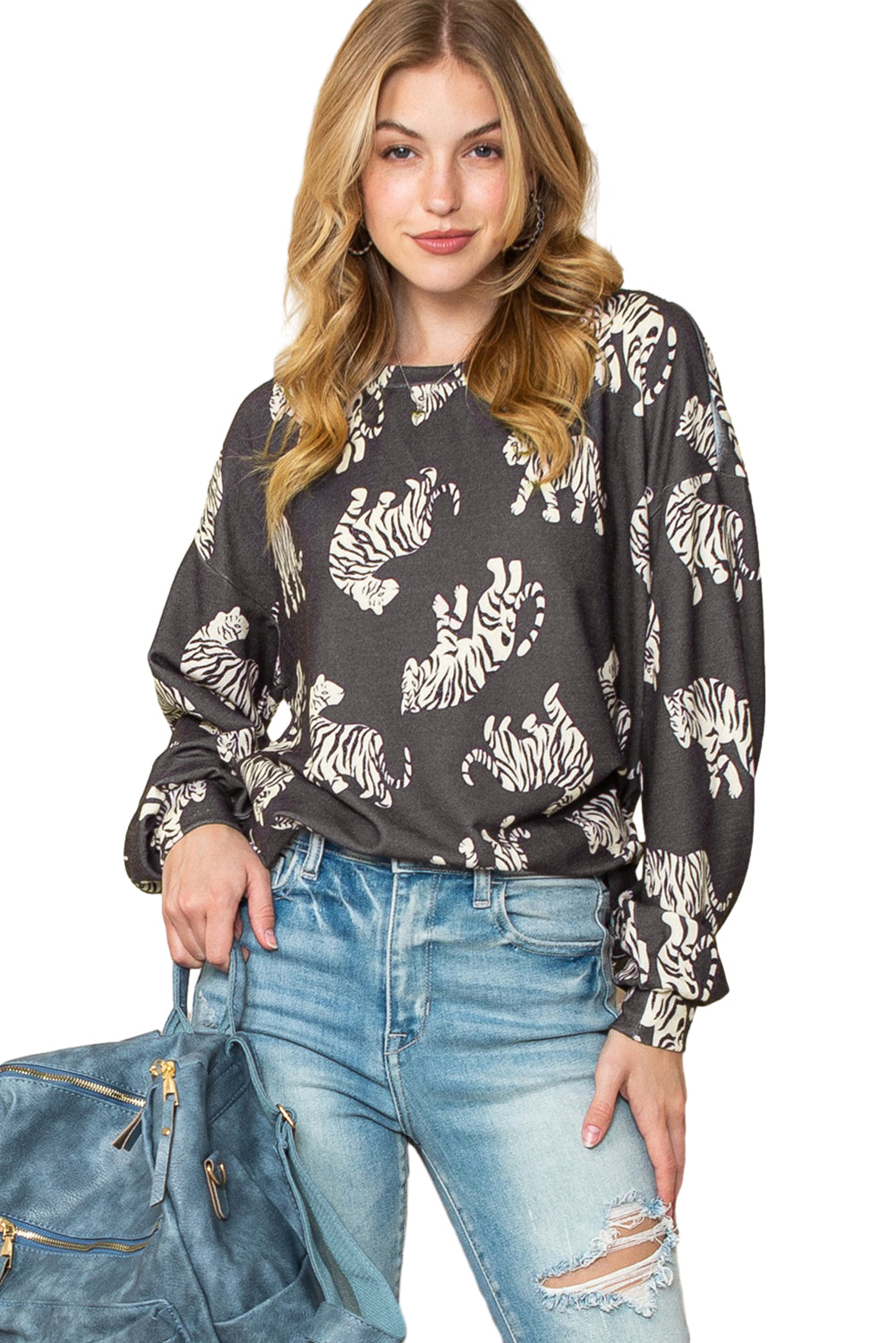 Animal Print Drop Sleeve Pullover Sweatshirt