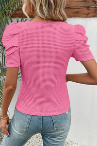 Bright Pink Scoop Neck Waffle Knit Puff Sleeve Top