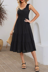 Black U-Neck Sleeveless Ruched Tiered Ruffled Midi Dress