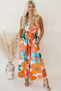 Orange Floral Printed Shoulder Tie Smocked Maxi Dress