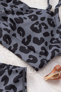 Grey Leopard Print Sports Bra & Shorts Two Piece Set