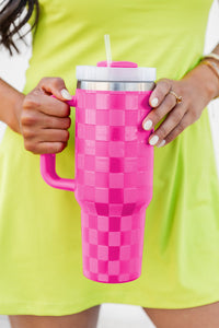 Ginger Pink Checkered Print Handled Stainless Steel Tumbler Cup