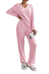 Light Pink Slouchy Ribbed Knit V Neck Top & Pants Loungewear Set