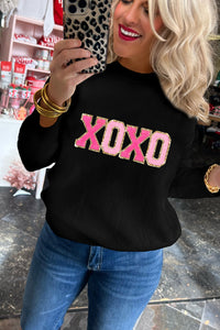 White XOXO Chenille Letter Round Neck Casual Sweater