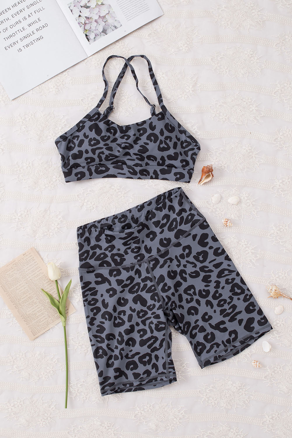 Grey Leopard Print Sports Bra & Shorts Two Piece Set
