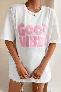 White GOOD VIBES Chenille Letter Oversized T Shirt