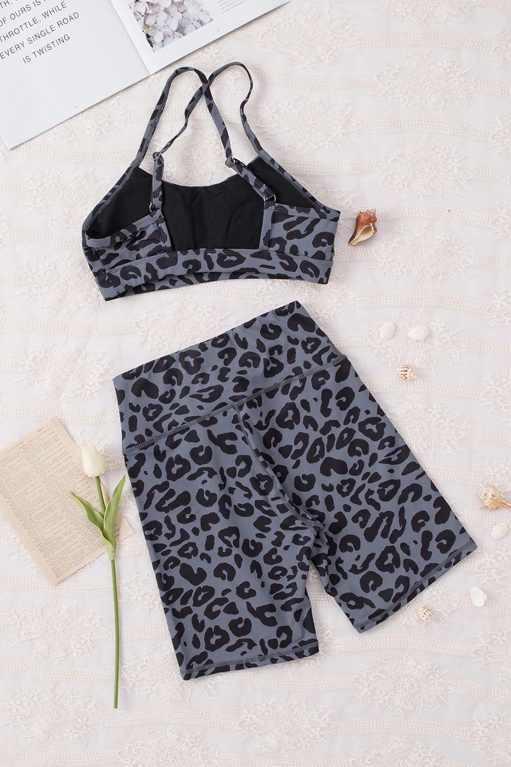 Grey Leopard Print Sports Bra & Shorts Two Piece Set