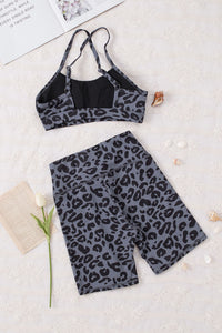 Grey Leopard Print Sports Bra & Shorts Two Piece Set