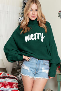 Red Turtle Neck Batwing Sleeve Merry Christmas Sweater