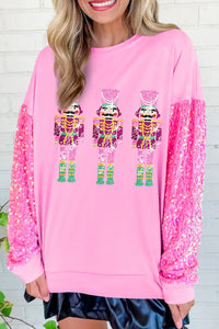 Pink Figure Printed Sequin Sleeve Patchwork Graphic Sweatshirt