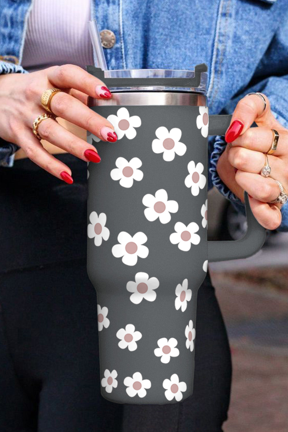 Parchment Floret Print Stainless Tumbler With Lid And Straw