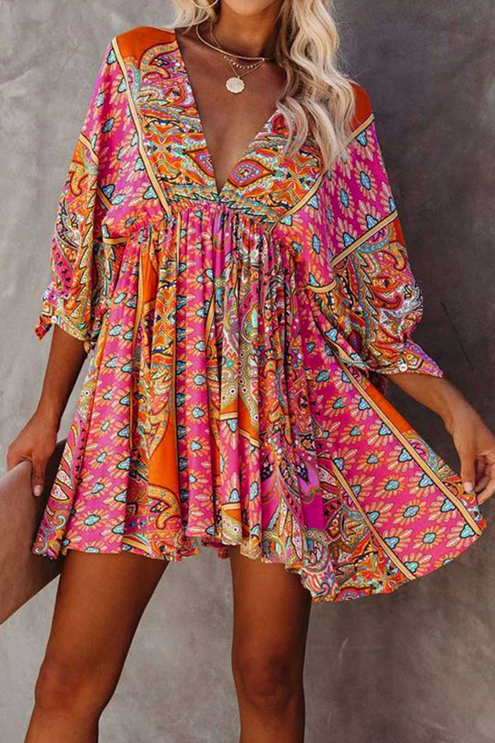 Multicolor Sexy Plunge Neckline 3/4 Sleeve Tie Back Boho Dress