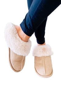 Pink Khaki Faux Suede Plush Lined Slip on Slippers