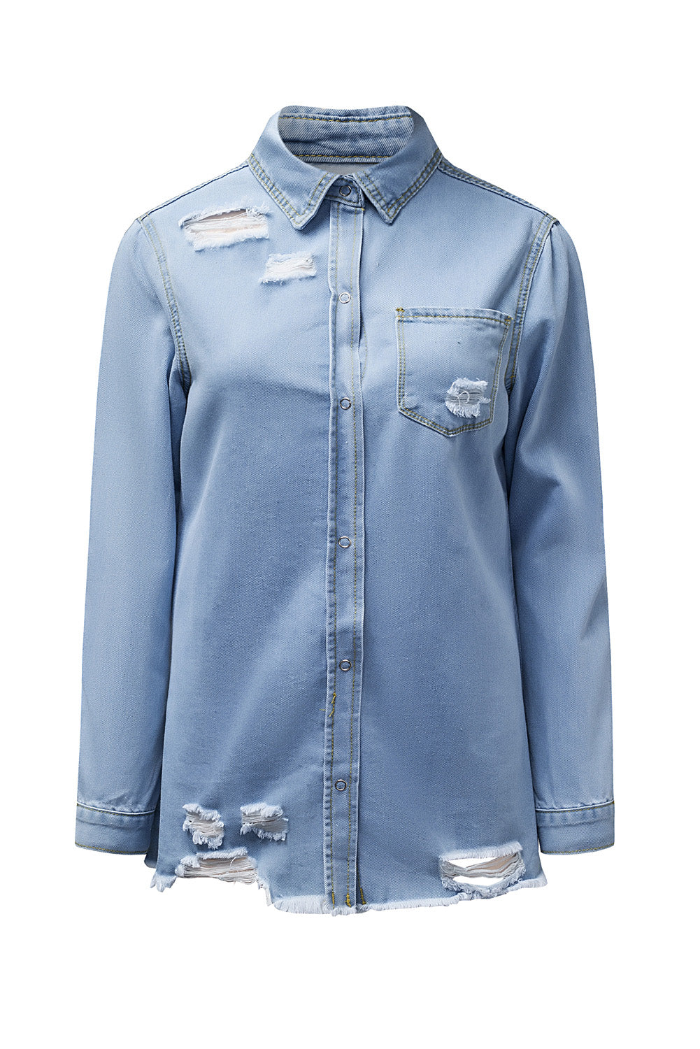 Light Blue Ripped Raw Hem Casual Button Up Denim Shacket