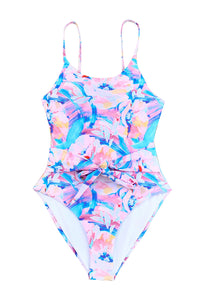 Pink Floral Print Knot High Waist One Piece Swimsuit