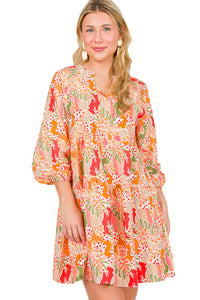 Multicolor Abstract Split Neck Puff Sleeve Boho Dress