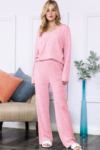 Light Pink Slouchy Ribbed Knit V Neck Top & Pants Loungewear Set