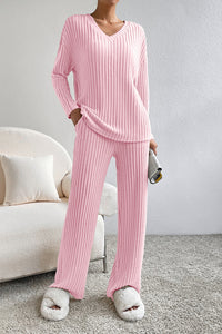 Light Pink Slouchy Ribbed Knit V Neck Top & Pants Loungewear Set