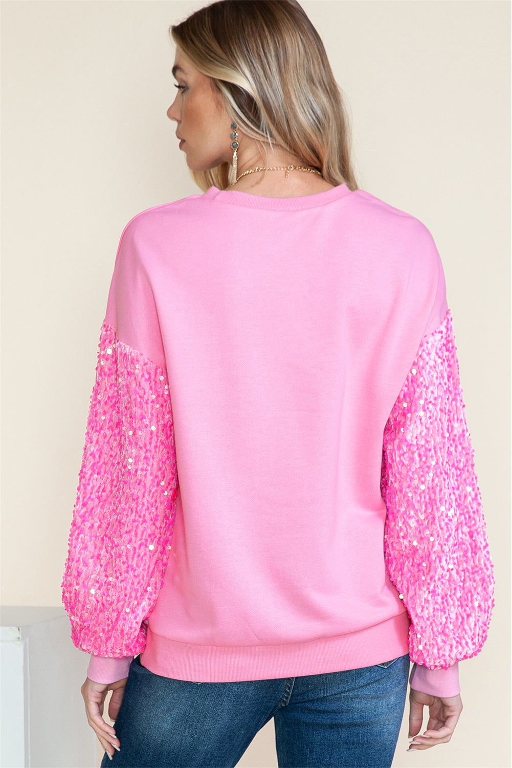 Pink Sequin Patchwork Long Sleeve Pullover Top