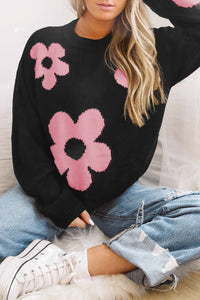 Black Flower Pattern Ribbed Trim Knit Round Neck Sweater