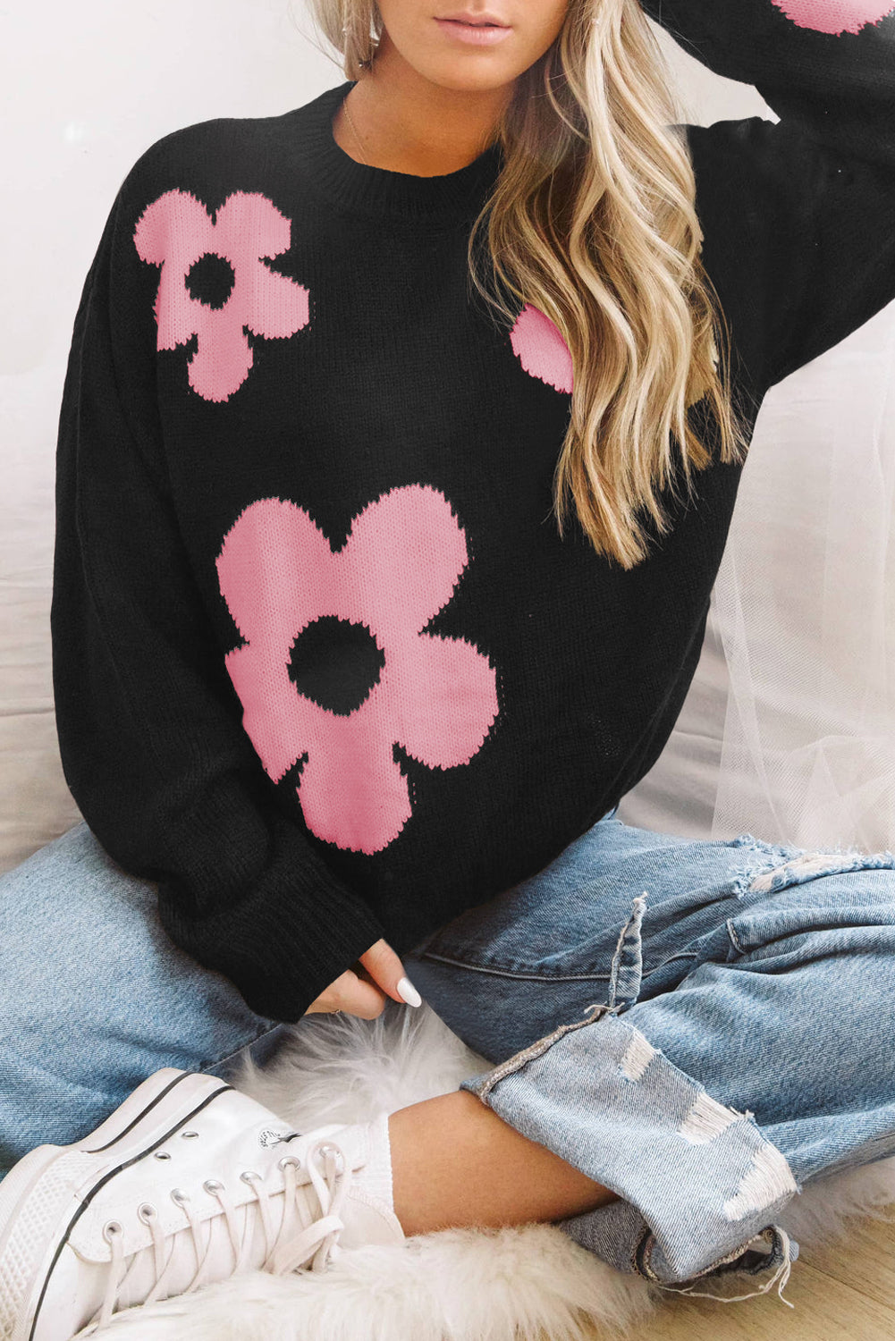 Black Flower Pattern Ribbed Trim Knit Round Neck Sweater